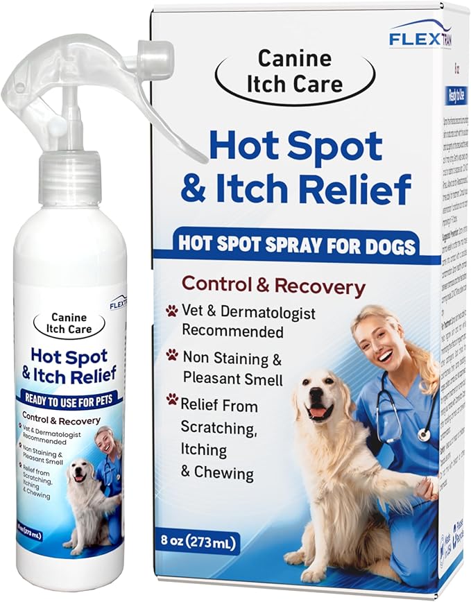 Canine Itch Care Hot Spot Spray & Itch Relief For Dogs. Remedy for Dog Itching, Dry Skin, Rash, Ringworm, Dermatitis, Itchy Paw, Irritation on Skin, Skin Allergy, Wound Care. 8 oz Ready To Use Spray