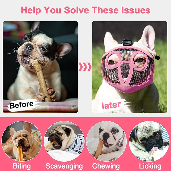 Short Snout Dog Muzzles- Adjustable Breathable Mesh Bulldog Muzzle for Biting Chewing Licking Training Grooming Dog Mask (Pink, Large/15-25")
