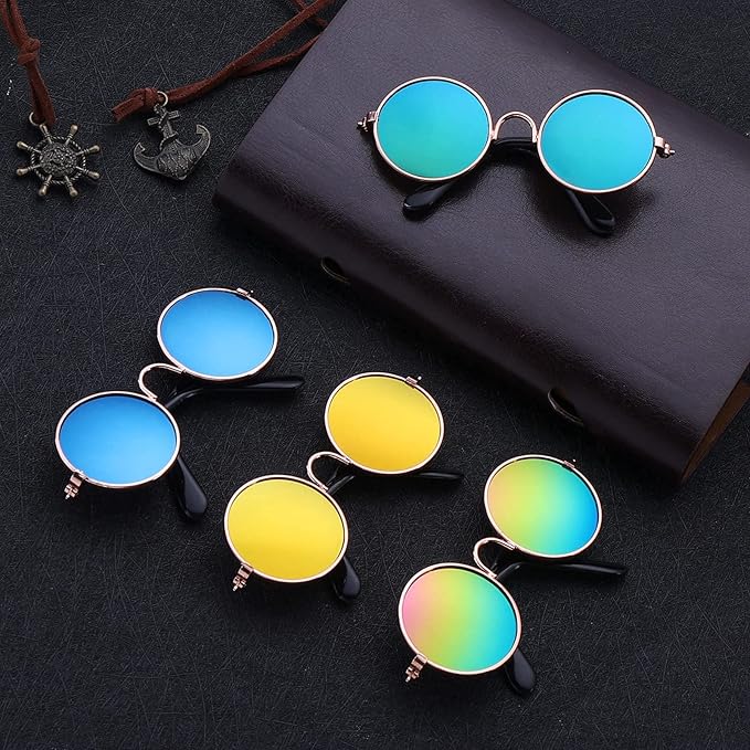 Pet Sunglasses- Cat UV Protection Classic Retro Small Dog Sun Glasses Dolls Round Sunglasses Party Cosplay Costume Photo Props Cute Funny Sunglasses (4Pcs)