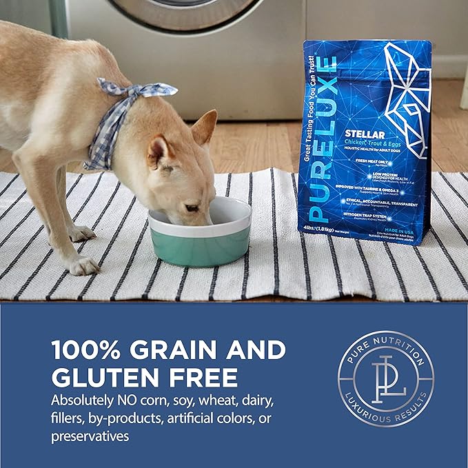 PURELUXE Grain & Gluten Free Dog Food, Stellar Holistic Low Protein & Fat Chicken, Trout & Eggs for Adult & Senior Dogs