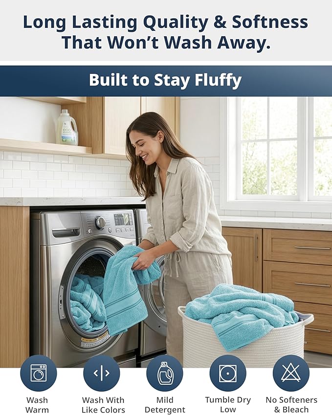 LANE LINEN Luxury Towel Set for Bathroom – 12-Pack 100% Cotton Towels, Zero Twist, Includes 4 Bath, 4 Hand & 4 Washcloth, Suitable for All Body Types, Soft & Quick Dry, Ideal for Airbnb & Spa - Blue