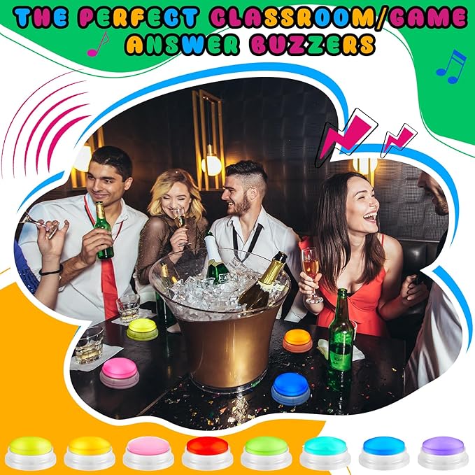 Honoson 8 Pack Recordable Answer Buzzers Button Custom Programmable Sound Buttons Funny Birthday Gifts for Family Trivia Nights Classroom Communication Study Home Office Game(Classic Color)