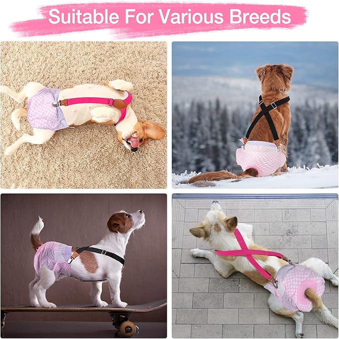 Pet Soft Dog Suspenders 2 Pieces Female Dog Diaper Suspenders for Dogs Diaper Keeper Suspender for Dogs Skirt, Doggy Dress (Black & Pink, S/M)