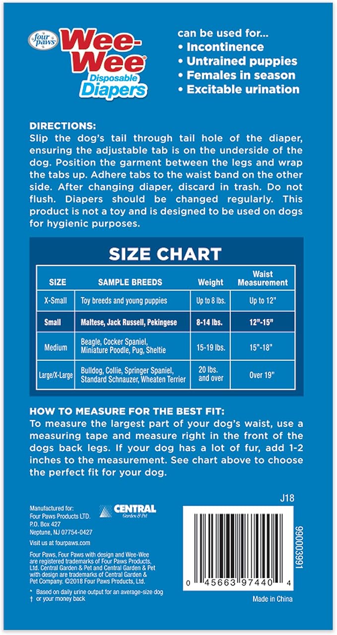 Four Paws Wee-Wee Super Absorbent Disposable Adjustable Dog Potty Training Diapers, Leak-Proof Protection for Dogs, Size Small, 12" - 15" Waist, 36 Count