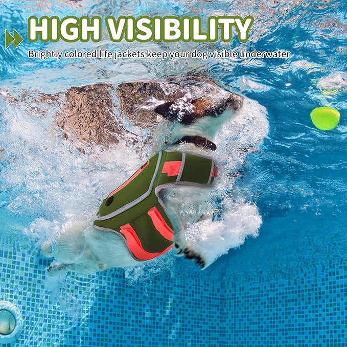 Dog Life Jacket for Small Dogs with High Buoyancy, Lightweight Dog LifeVest for Swimming Adjustable Reflective Dogs Floating Vest, Neoprene Rescue Handle Pet Life Preserver, Dark Green, XS