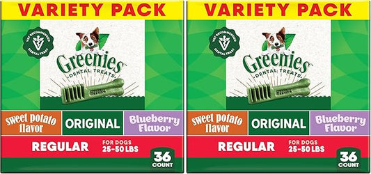 Greenies Veterinarian-Recommended Natural Dental Dog Treats, Dental Chews for Dogs, Regular Size, Variety, 12 oz, 36 Count (Pack of 2)