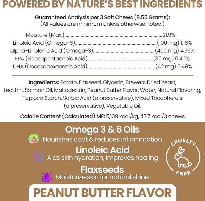 Omega 3 Fish Oil for Dogs, 180 Soft Chews - Salmon Oil Skin & Coat Supplement, Allergy & Itchy Skin Relief, Hot Spots, Anti Shedding - EPA DHA Omega 3 6 9 Fatty Acids, Vitamins - Peanut Butter Flavor