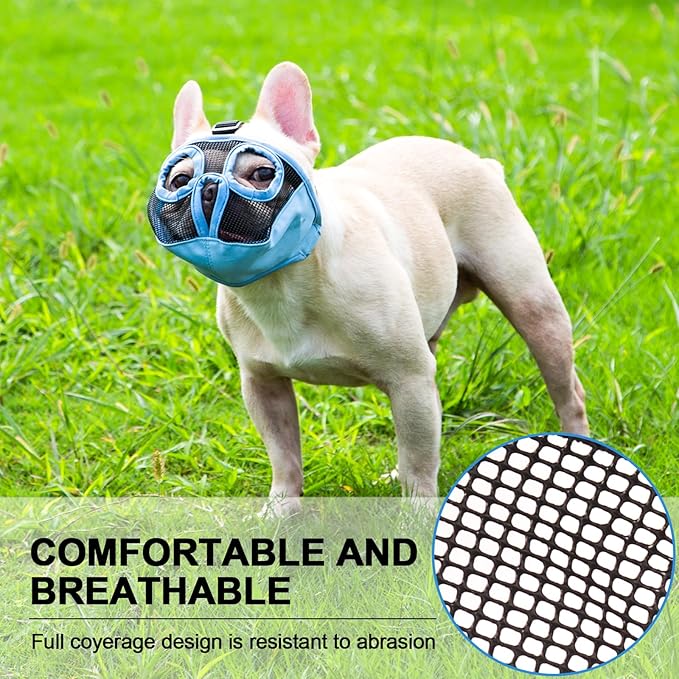 Short Snout Dog Muzzles- Adjustable Breathable Mesh Bulldog Muzzle for Biting Chewing Training Grooming Dog Mask,Blue M