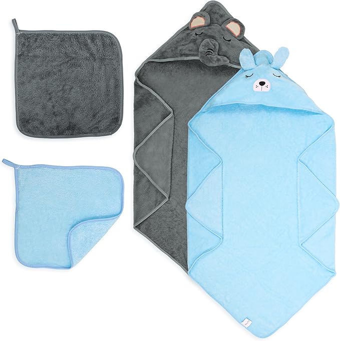 HBHLFZ 4-Pack Baby Bath Towels,Set of 2 Hooded Baby Bath Towels and 2 Baby Face Towels, Super Soft,Highly Absorbent,31.5x31.5inch,Suitable for Newborns,Toddlers and Children,Unisex（Elephant, Dog）