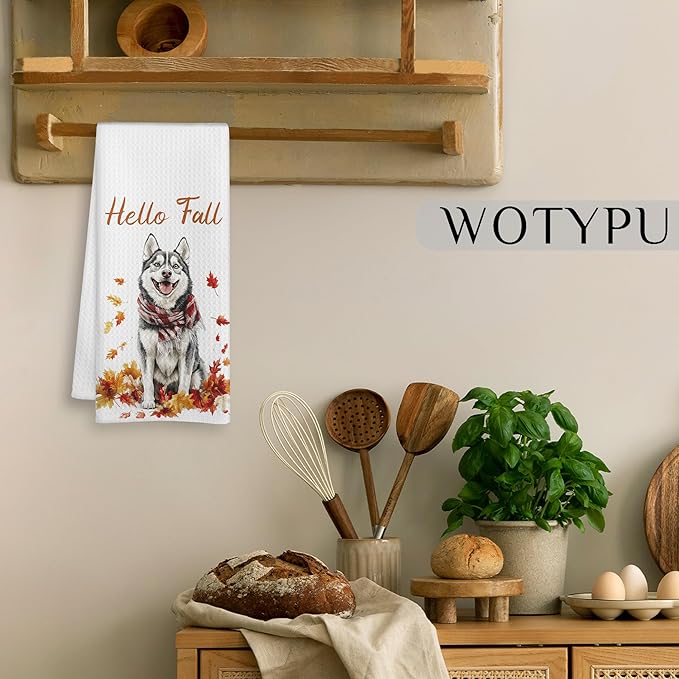 Fall Husky Kitchen Towels, Husky Lover Gifts Dish Tea Towel for Kitchen Decor, Farmhouse Fall Autumn Maple Leaf Dog Hand Towels for Bathroom Decor,16X24 Inch