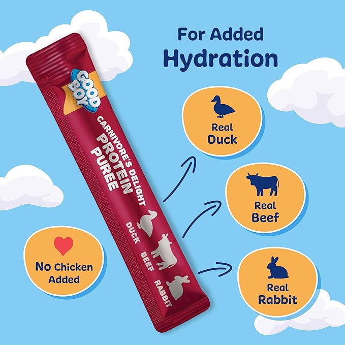 Good Boy Carnivore’s Delight Protein Purees Dog Food Mixers for All Adult Dogs, 30 Count, Easy Single-Serve Triple Flavor Topper Treats with Duck, Beef and Rabbit