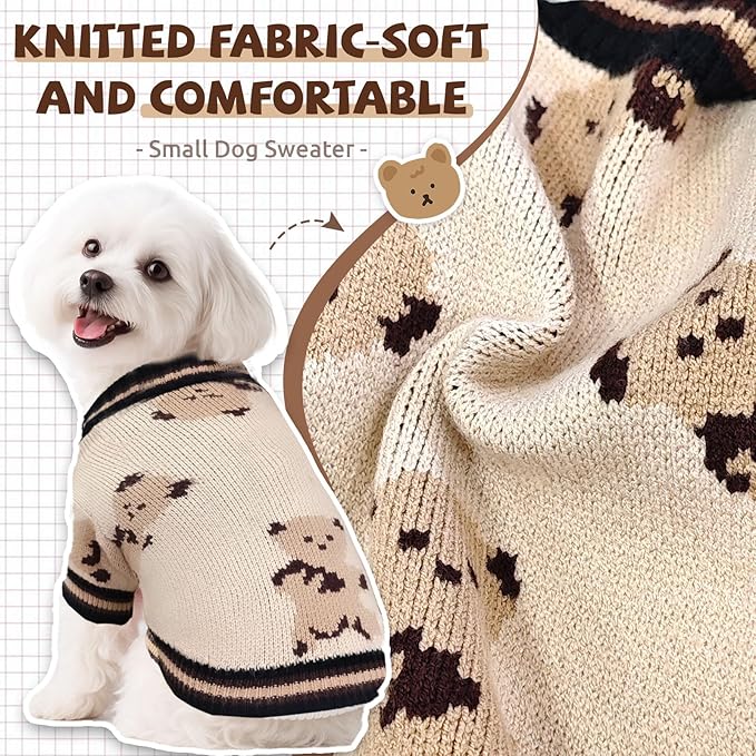 Small Dog Sweaters Cute Bear Knitted Dog Cardigans Clothes for Small Medium Dogs Soft Pet Puppy Cat Knitting Outfits Fall Winter Warm Boy Girl Dogs Knitwear Coat Apparel(Beige, X-Large)