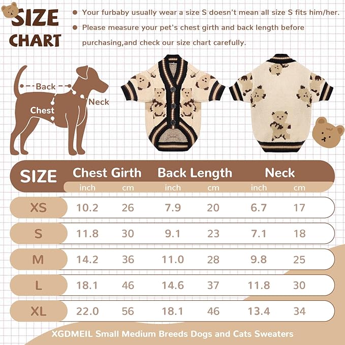 Small Dog Sweaters Cute Bear Knitted Dog Cardigans Clothes for Small Medium Dogs Soft Pet Puppy Cat Knitting Outfits Fall Winter Warm Boy Girl Dogs Knitwear Coat Apparel(Beige, Large)
