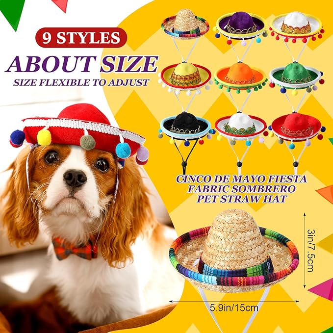 9 Pcs Pet Sombrero Hats Cinco de Mayo Adjustable Mexican Fiesta Dog Cat Straw Hat with Pom Pom Tassel for Small Medium Pets Mexican Party Costume