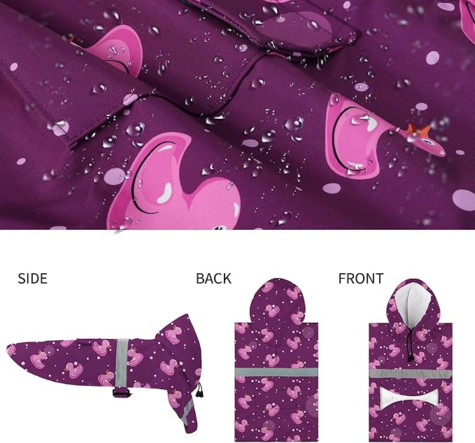 DELIFUR Large Dog Raincoat - Waterproof Dog Rain Poncho Adjustable Double Layer Rain Jacket with Hood for Medium Large Dogs Designed with Leash Hole Reflective Strip(Purple Duck, Medium)