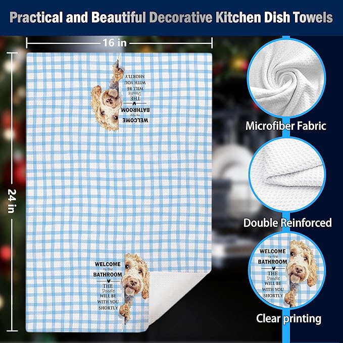Funny Golden Doodle Bathroom Hand Towels, Goldendoodle Gifts for Women, Blue Preppy Plaid Striped Doodle Decorative Hand Tea Towels for Washroom Restroom Toilet, 16x24 Inches Set of 2