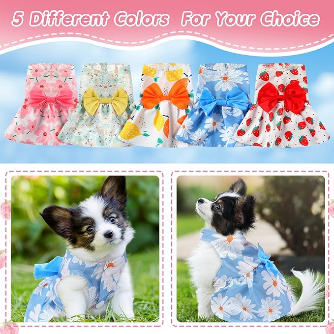 Saintrygo 5 Pieces Floral Dog Dress Cute Dog Skirt Pet Dresses Pet Clothes Dresses Cat Princess Bowknot Clothes Puppy Outfits for Yorkie Puppy Cat, 5 Styles(Cute Style,Large)