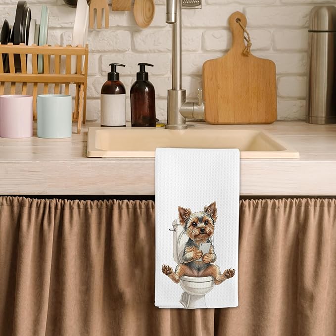 Funny Yorkshire Terrier Gifts Hand Towels, Yorkie Bathroom Decor, Yorkie Gifts for Women, Funny Yorkies Dog Dish Tea Towels, Yorkshire Terrier Hand Towel for Toilet Kitchen Decor, 16x24 Inch