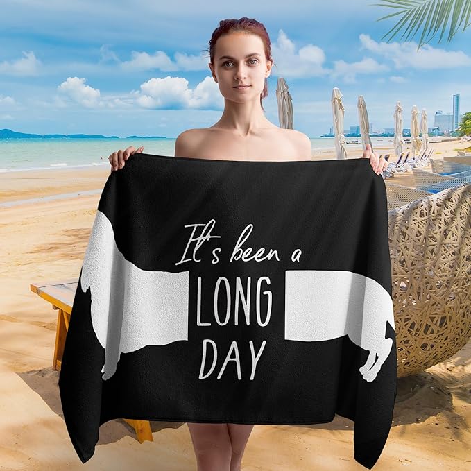 Black Dachshund Dog Beach Towel Gifts for Dog Lovers Owner, Funny It's Been A Long Day Microfiber Quick Dry Travel Sand Free Beach Towels Oversized Decor for Bathroom Swimming Pool 30x60 Inch