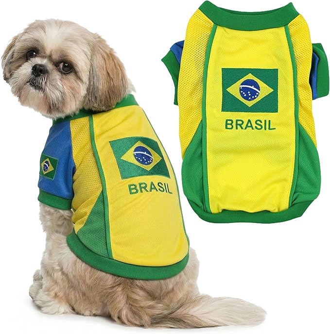 Parisian Pet Team Brazil Dog Jersey - Breathable Mesh Puppy Football Jersey - Lightweight Stretch Sporty Dog Clothes - Summer Shirts for Medium Dogs - Soccer Jersey for Dogs - Sportswear Pet Clothes