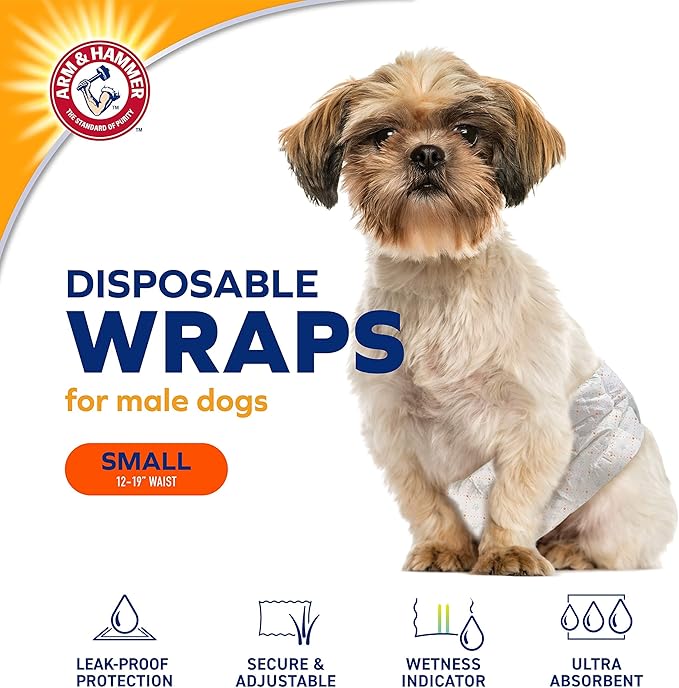 Arm & Hammer Small Male Dog Wraps, Disposable Belly Band Diapers with Baking Soda Odor Control, Super Absorbent Leak Resistant Design for Marking and Incontinence, 12-19 Inch Waist, 12 Count - 6 Pack