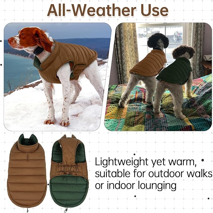 Lelepet Reversible Dog Coat Waterproof Dog Jacket Windproof Puffer Vest for Winter Warm Lightweight Coats for Large Dogs Adjustbale Hook & Loop Pet Apparel with Leash Hole, Golden Retriever, 3XL