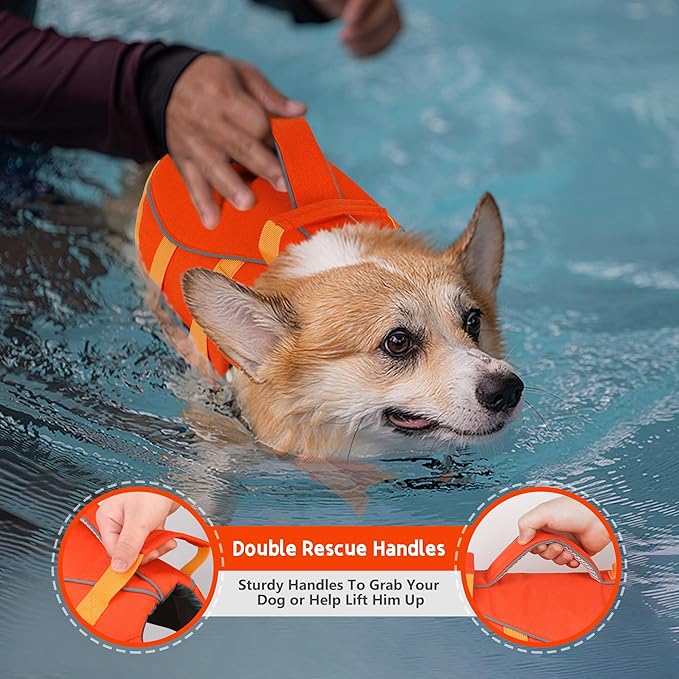 Dogcheer Dog Life Jacket with Double Rescue Handle, Reflective Dog Harness Life Vest for Swimming Boating, Adjustable Pet Swim Vest Dog Flotation Device DFD for Small Medium Large Dogs - Orange XS