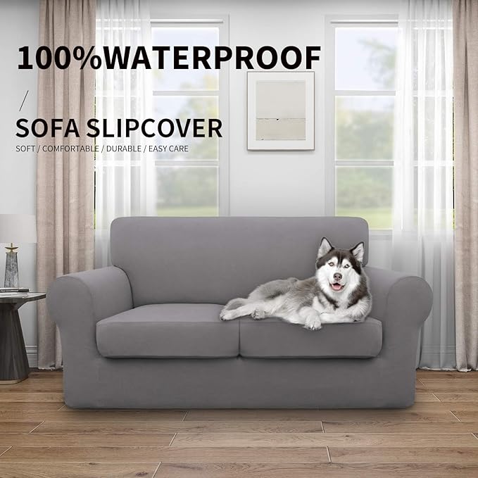 Easy-Going 100% Dual Waterproof 3 Pieces Loveseat Cover Stretch Soft Couch Cover for Dogs, Sofa Slipcover for 2 Separate Cushion Couch Leakproof Furniture Protector for Kids, Pets Light Gray