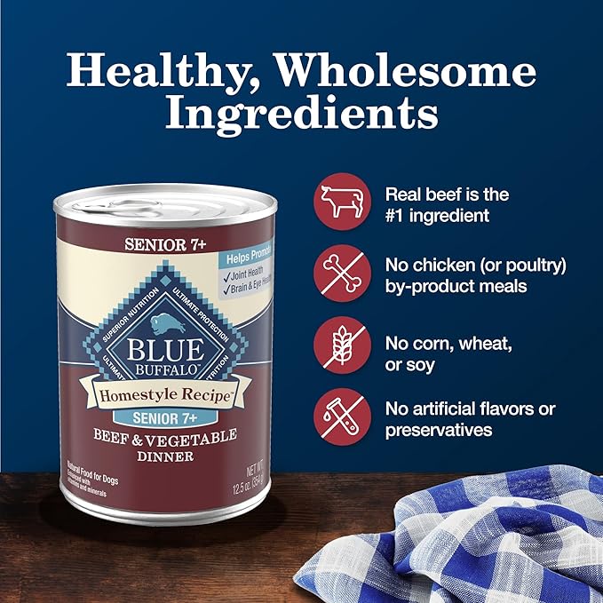 Blue Buffalo Homestyle Recipe Senior Wet Dog Food, Made with Natural Ingredients, Beef Dinner with Garden Vegetables, 12 Pack