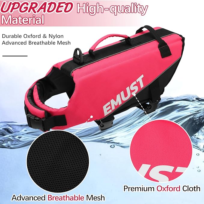 EMUST Dog Life Jacket, Dogs Life Vests for Swimming, Beach Boating Pool with High Buoyancy, Bright Color Dog Flotation Vest, Rosepink, L