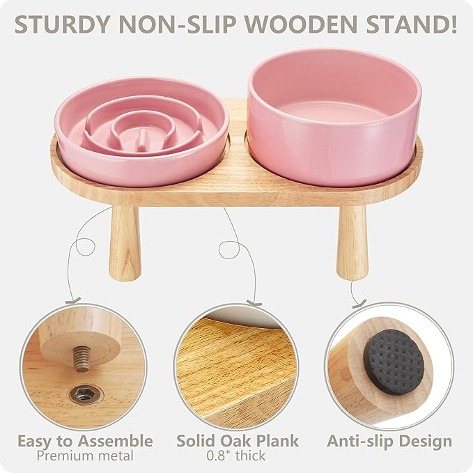 Ceramic Slow Feeder and Water Bowl Set for Medium and Large Dogs, 8.0 Inches Ceramic Dog Bowls Elevated with Wooden Stand, 2.0 Cups Dog Slow Feeder(30oz) and 70oz Water Bowl Set, Pink