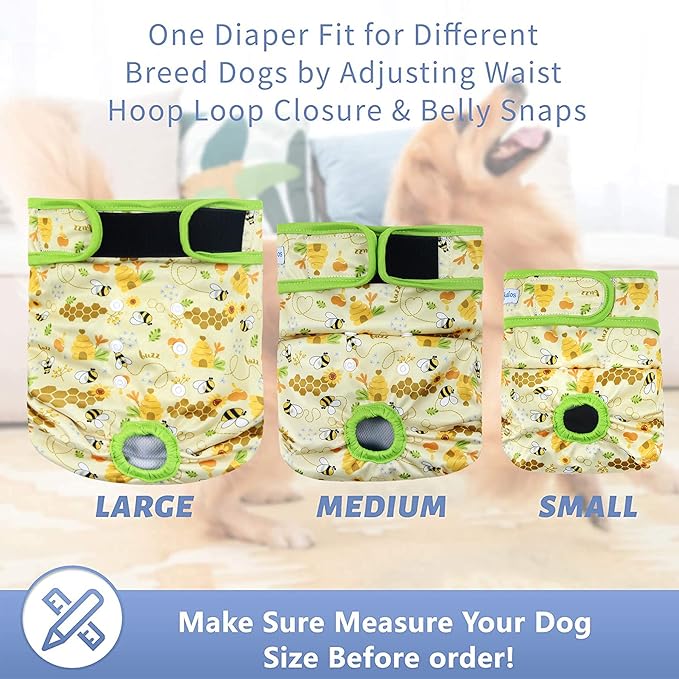 Leekalos Reusable Washable Dog Diapers Female (3 Pack) - Highly Absorbent Doggie Diapers - Size Adjustable Puppy Diapers for Dog Period Panties (Medium, Honeybee)
