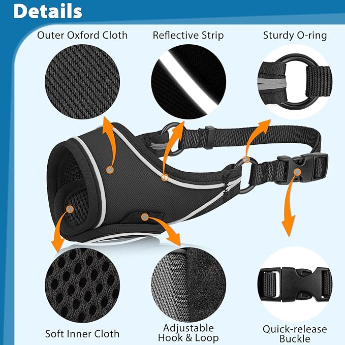 LUCKYPAW Dog Muzzle for Small Medium Large Dog Labrador Golden Retriever German Shepherd, Soft Oxford Cloth Muzzle to Prevent Biting Chewing for Training Grooming with Buckle Reflective Strip(Black,S)
