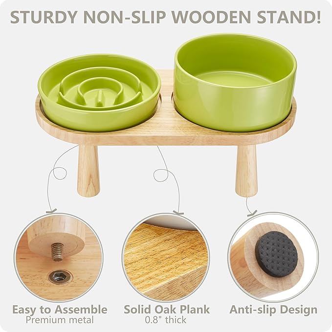 Ceramic Slow Feeder and Water Bowl Set for Medium and Large Dogs, 8.0 Inches Ceramic Dog Bowls Elevated with Wooden Stand, 2.0 Cups Dog Slow Feeder(30oz) and 70oz Water Bowl Set, Green