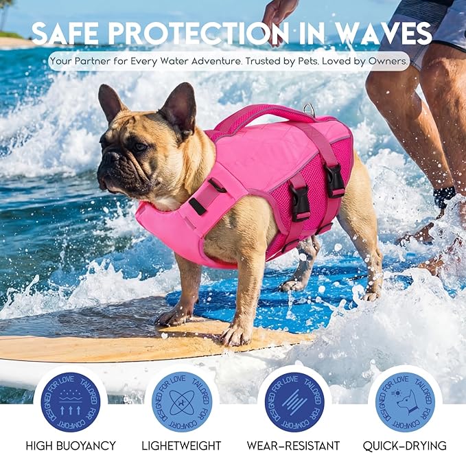 ASENKU Dog Life Jacket, High-Buoyancy Reflective Dog Swimming Vest with Durable Handles for Small/Medium/Large Dogs - Pool, Beach, Boating (Pink, S)