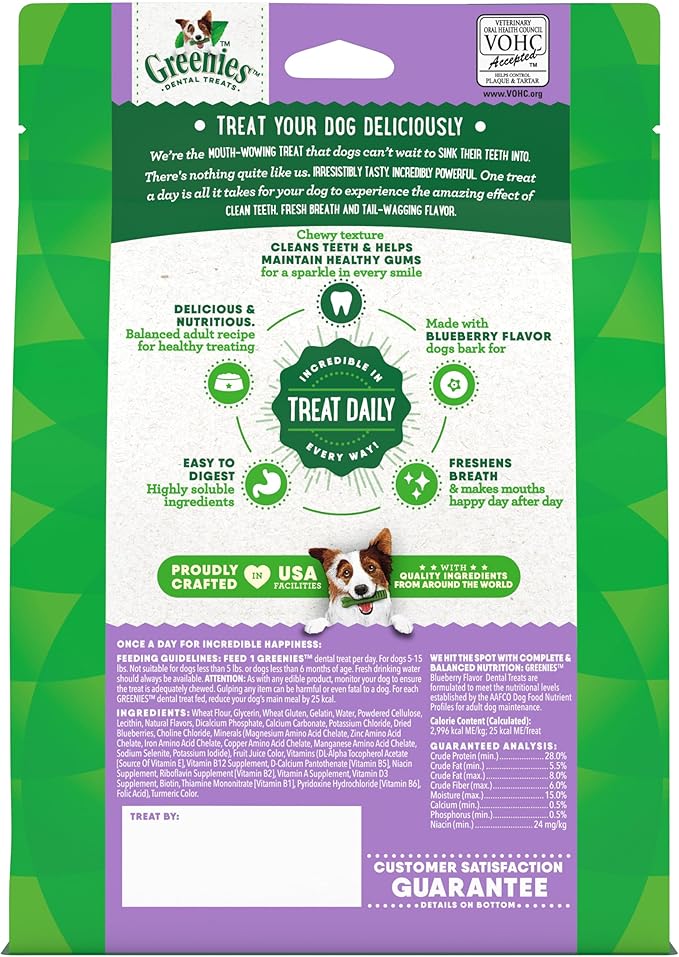 Greenies Dog Treats Veterinarian-Recommended Natural Dental Treats for Dogs, Teenie Size, Blueberry Flavor, 12 oz. Packs, 43 Count