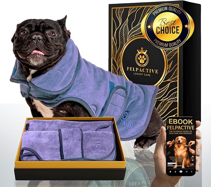 |FELPACTIVE® Premium Dog Drying Robe | Sizes S - XXXL | Quick-Drying Super Absorbent Double-Layer Microfiber | Soft & Snug Fit | Includes Luxury Gift Box + EBOOK | Dog Bath Robe, Pet Warming Bathrobe