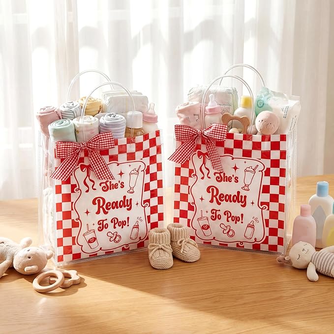 SilTriangle 24 Pcs She's Ready to Pop Baby Shower PVC Gift Bags with Handles Plastic Gift Bags Reusable Coquette Red Gingham Ribbon Tote Bulk Red Soda Gender Reveal Baby Shower Party Decorations