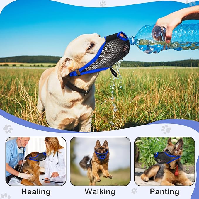 Dog Muzzle, Soft Air Mesh Muzzles for Small Sized Dogs, Breathable Dog Mussels for Scavenging Biting Licking & Barking, Adjustable Mouth Guard with Front Opening, Allows Panting and Drinking (Blue,S)