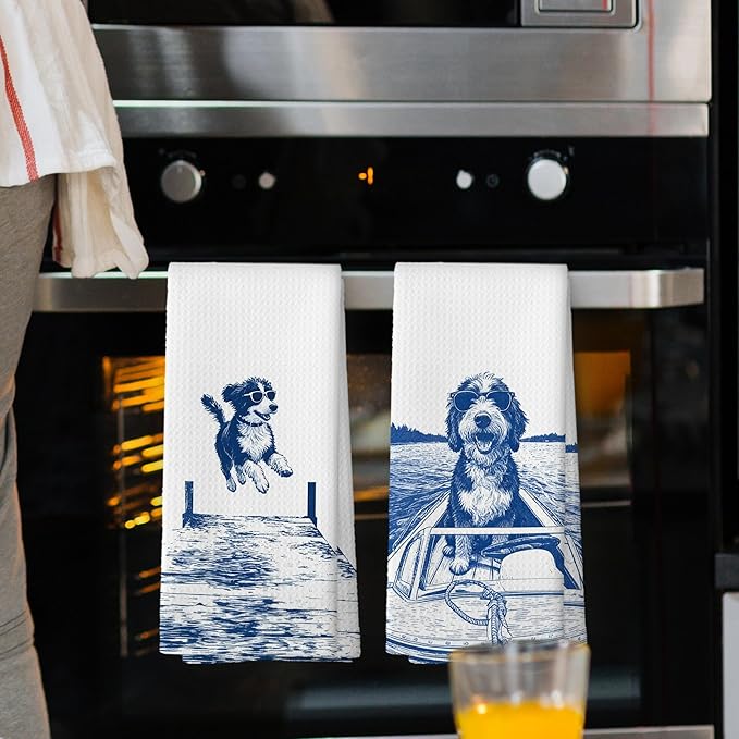 Lake House Decor Bernedoodle Kitchen Towels Set of 2, Summer Funny Lake Dog Coastal Bathroom Hand Towel, Dog Lover Gifts Tea Towel Dish Towels 16x24 Inch