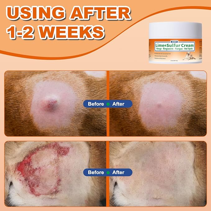 ZOXY Lime Sulfur Cream, Mange Treatment Dogs, Ringworm Treatment for Cats & Dogs, Soothes Itchy, Dry, Inflamed Skin, Promotes Hair Regrowth, Low Odor, No Rinse Needed, 2oz
