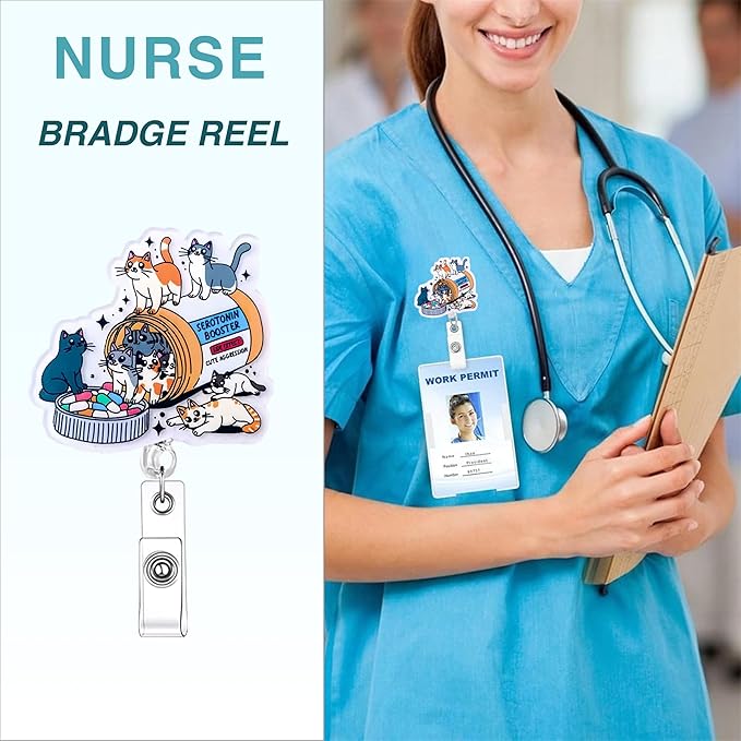 Funny Cat Nurse Badge Reel, Cute Work Badge Holder with Retractable Clip, Cute Nursing Vet Tech Technician Veterinary Pharmacy Mental Health RN Medical Worker Office Accessories Gifts (Cat)