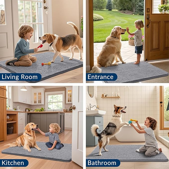 Smiry Dog Door Mat for Muddy Paws 34x21, Absorbs Moisture and Dirt Doormat, Non-Slip Washable Quick Dry Chenille Front Door Mat Indoor Entrance, Entryway Carpet for Inside Floor, Grey