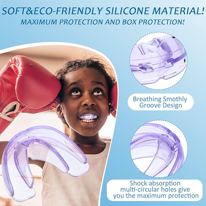 TOODOO 6 Pieces Braces Mouth Guard Kids Sports Mouth Guard for Kids Double Football Youth Mouthguards for Boxing Football Hockey Karate Basketball (Transparent, Transparent Purple/Blue)