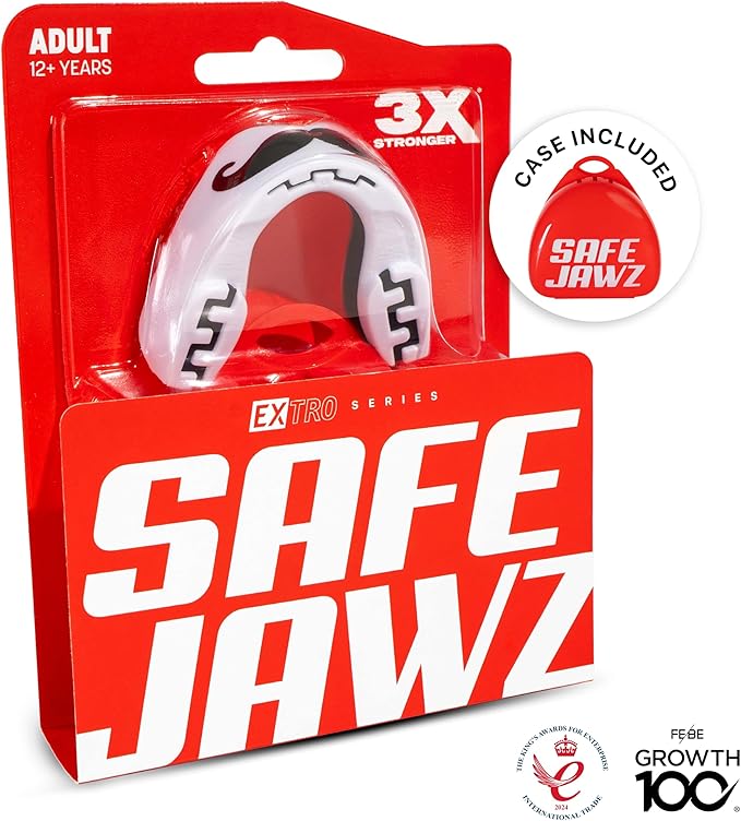 SAFEJAWZ Mouth Guard, Dual Layer Mouthguard for Adults with Case, Easy Fit Remoldable Mouthpiece for Football, Boxing, Lacrosse, MMA, Basketball & All Contact Sports (Adult 12+ Years, Mo White)