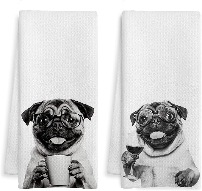 Funny Pug Kitchen Bar Towels, Gifts for Pug Lovers Dish Tea Towel, Wine Coffee Lover Gifts Decorative Hand Towels for Kitchen Bar Cart Decor, 16x24 Inch Set of 2