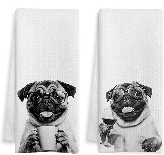 Funny Pug Kitchen Bar Towels, Gifts for Pug Lovers Dish Tea Towel, Wine Coffee Lover Gifts Decorative Hand Towels for Kitchen Bar Cart Decor, 16x24 Inch Set of 2