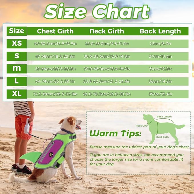 Dog Life Jacket, Cute Shark Dog Life Vest for Swimming Boating with Superior Buoyancy and Rescue Handle, Adjustable Puppy Swim Floating Vest for Small Medium Large Dogs (Green, Large)