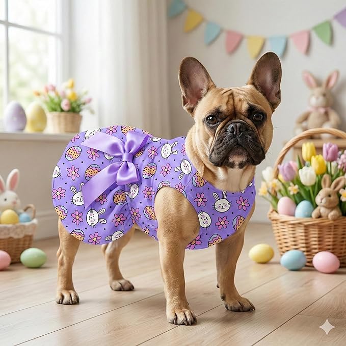 Easter Dog Dress Purple Bunny & Egg Pattern, Cute Spring Girl Puppy Skirt with Large Satin Bow, Soft Breathable Pet Clothes for Small Medium Dogs & Cats, Holiday Party Outfit Apparel