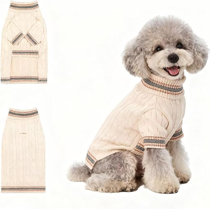 Small/Medium Dog Sweater, Warm Dog Winter Coat w/Sleeves, Comfortable High Neck & Leash Hole, Premium Dog Clothes for Mini Poodle-Best for Holidays, Daily Walks S White